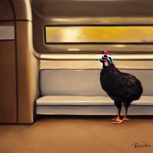 Image similar to a beautiful painting of a chicken sitting in a subway seat, rutkowski, realism, cinematic lighting