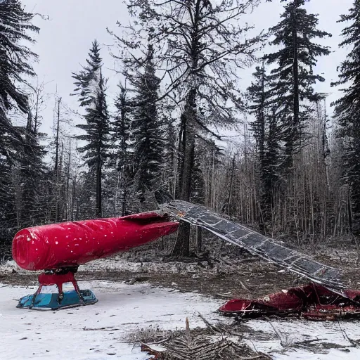 Prompt: big satellite debris scattered in snow open plane in a forest in Canada, below zero, two reporters take photos, in the style of Simon Stalenhag