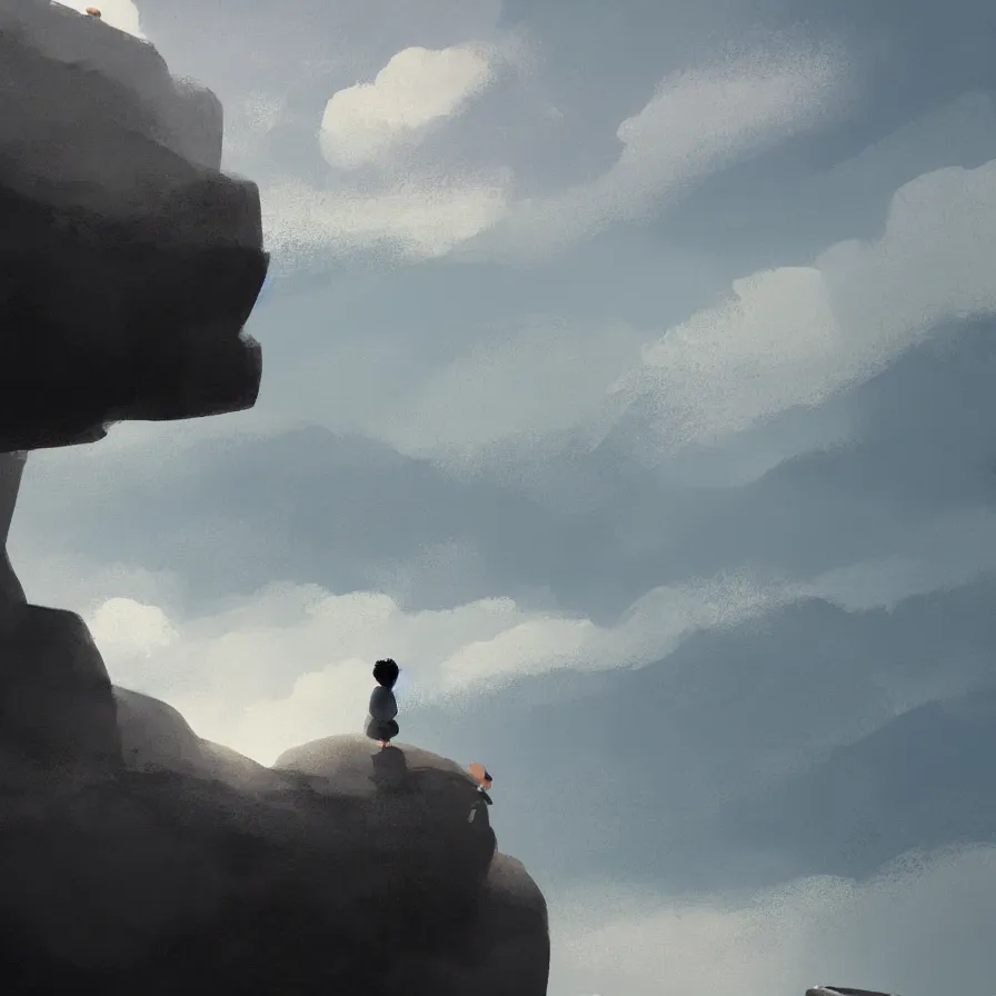 Image similar to Image from afar, man looking from the top of a large rock cliff, the sea hits the large stones hard, the clouds let through subtle rays of light, ilustration art by Goro Fujita