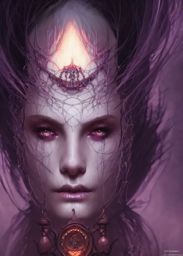 Image similar to Necromancer Sorceress face close-up macro in center, fantasy magic, undercut hairstyle, dark light night, intricate, elegant, sharp focus, illustration, highly detailed, digital painting, concept art, matte, art by WLOP and Artgerm and Greg Rutkowski and Alphonse Mucha, masterpiece