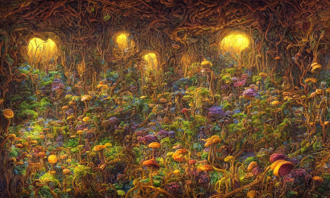 Prompt: painting of a fungus - filled castle room, view from the floor, overgrown with colorful fungi. there is a warm light bathing the room from sunset light outside, and some spores are glowing. the painting is by greg hildebrandt and has an otherworldly glow. the mood is mysterious and mystical. the painting is highly detailed.