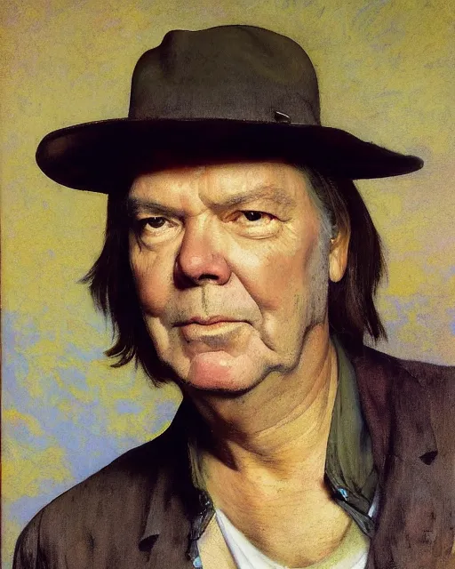 Prompt: neil young, portrait painting by richard schmid, maxfield parrish, kehinde wiley, thomas moran, studio ghibli, loish, alphonse mucha, frans hals, anthony van dyck, john singer sargent, fashion photography