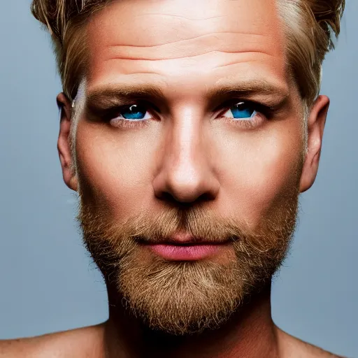 Image similar to close up of face of good looking 4 0 year old blond man with blond stubble, very short wavy blond hair in a short pompadour style, very pale skin, blue eyes, hairy shoulders, hairy chest, color portrait, 4 k