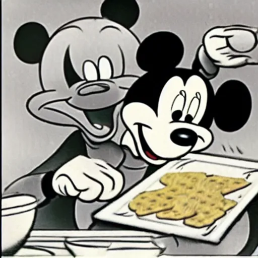 Image similar to film still from 1940s Mickey Mouse Cartoon. Mickey Mouse eating matzah.