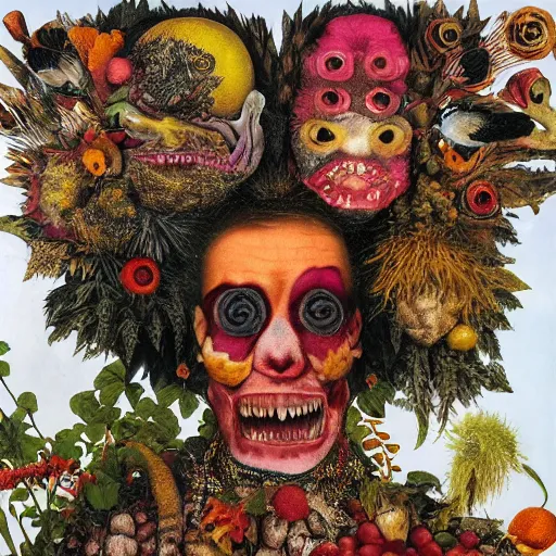 Image similar to punk album cover, blank horizontal banner on top, psychedelic, giuseppe arcimboldo