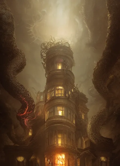 Prompt: giant tentacles destroying a glowing mansion in burning vapor dramatic lighting fantomatic head and faces floating catching fire, artstation, matte painting, bastien lecouffe - deharme, aykut aydogdu, allen williams, artem chebokha