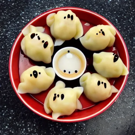 Image similar to anime dumplings with chilli sauce made by hayao miyazaki, ghibli art style