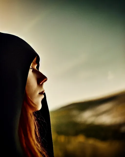 Image similar to an extremely detailed masterpiece portrait of a beautiful dark hooded nordic female out of focus spaceship technology in background, 3 5 mm, cinematic shot, photorealistic, depth of field