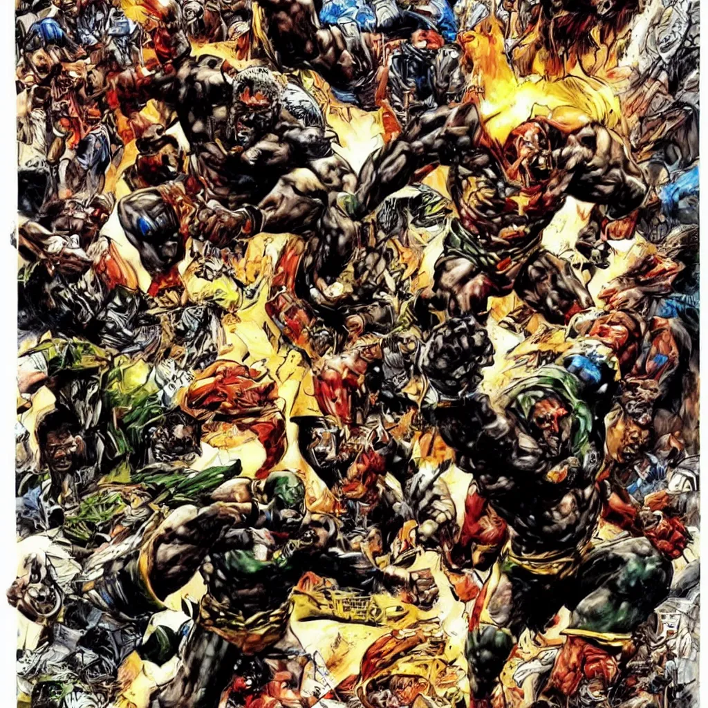 Image similar to big african superhero raising fist, art style simon bisley