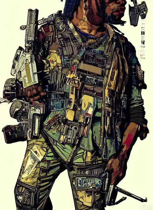 Prompt: chidi igwe. cyberpunk mercenary in combat vest. portrait illustration, pop art, splash painting, art by geof darrow, ashley wood, alphonse mucha, makoto shinkai