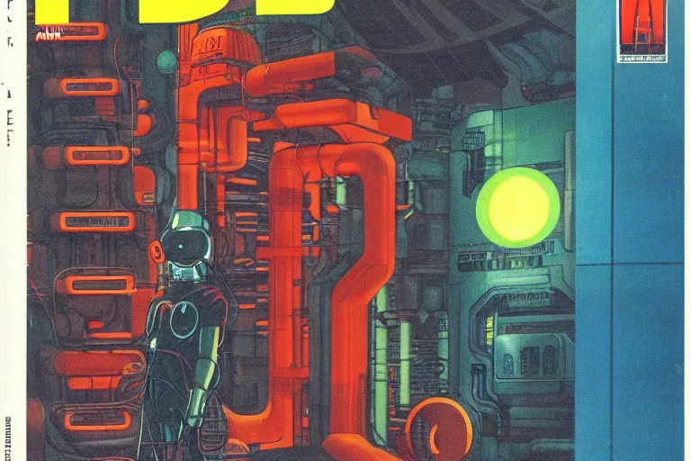 Prompt: 1979 OMNI Magazine Cover depicting a large Android emerging from a vat next to a large power generator. Cyberpunk Akira style by Vincent Di Fate