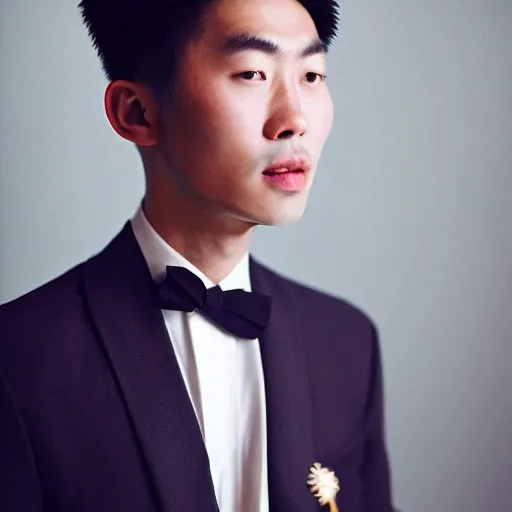 Image similar to Portrait of a handsome asian young man wearing a crown and jewelry, fashion, cinematic lighting, captured in low light, sharp focus, detailed, cinestill 800t