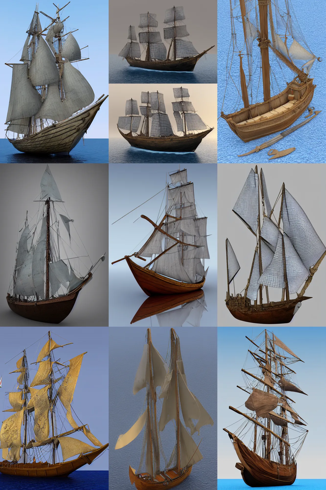 Prompt: medieval ship, sailboat, 3 d detailed realistic model, 3 d render of detailed medieval photorealistic sailboat, pirate ship