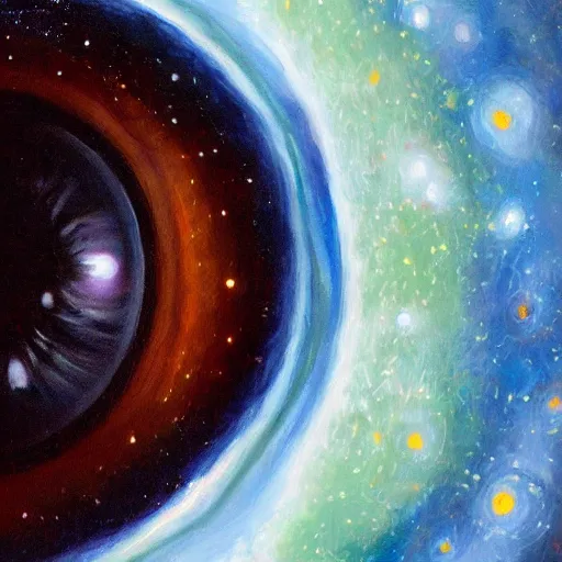 Image similar to a highly detailed photorealistic painting of a human eye with a reflection of outer space