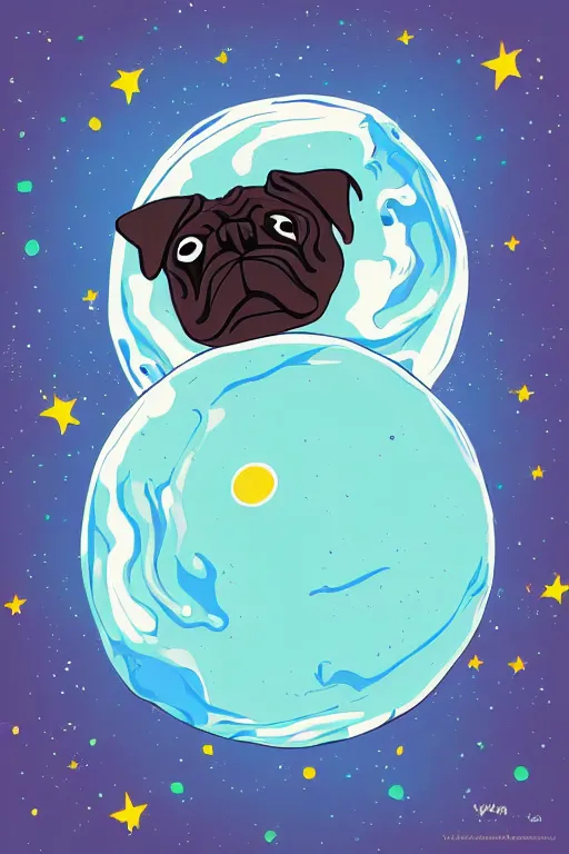 Image similar to planet pug floating in space, art by viktor miller gausa, sticker, colorful, illustration, highly detailed, simple, smooth and clean vector curves, no jagged lines, vector art, smooth