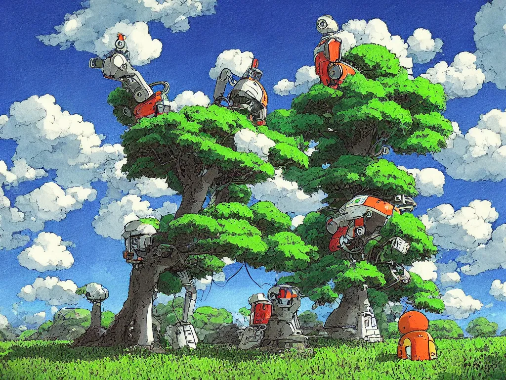 Image similar to painting of a robot sitting under a tree, in the style of Studio Ghibli, by Hayao Miyazaki