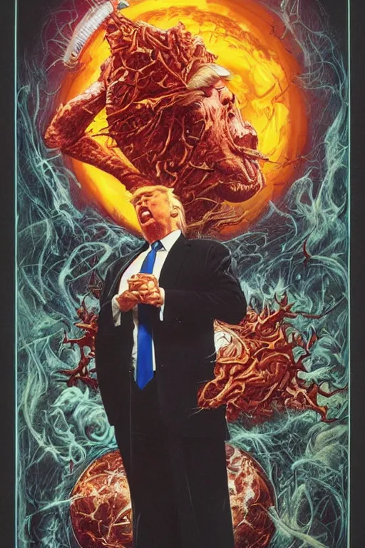 Image similar to donald trump consumes the world, disgusting, horror, high details, intricate details, by vincent di fate, artgerm julie bell beeple, 90s, inking, vintage 90s print, screen print