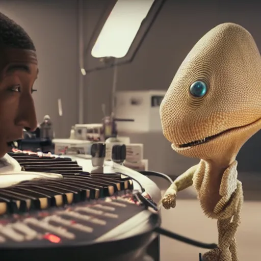 Image similar to cinematic film still of Pharrell Williams Making A Beat with an anthropomorphic alien, Japanese VFX, 2018, 400mm lens, f1.8, shallow depth of field,film photography