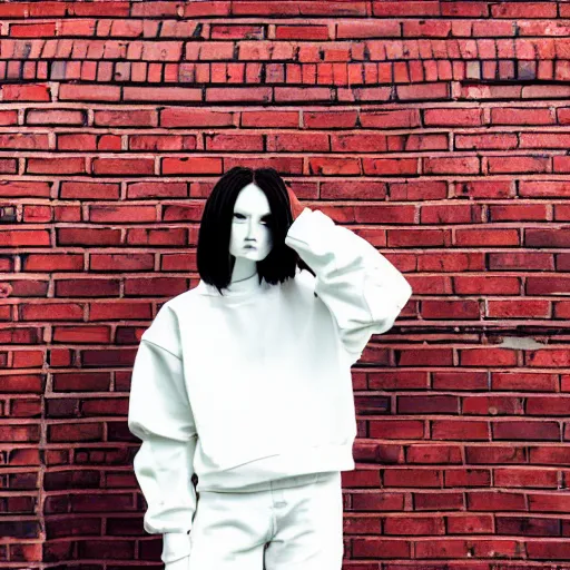 Image similar to un ultra high definition modern streetwear art photographic portrait of a female designer standing outside her red brick london home wearing all white. wide angle. three point light. golden hour, golden ratio, ray tracing, volumetric light and shadow, shallow depth of field.