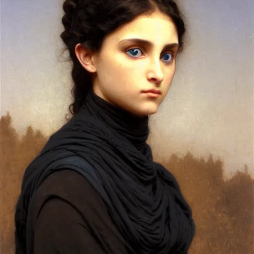 Image similar to A very detailed portrait of Alia Atreides, a girl with glowing blue eyes, wearing a black robe with a burnoose, by William-Adolphe Bouguereau