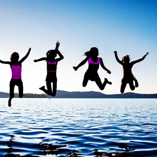 Prompt: girls jumping off a dock into lake silhouette