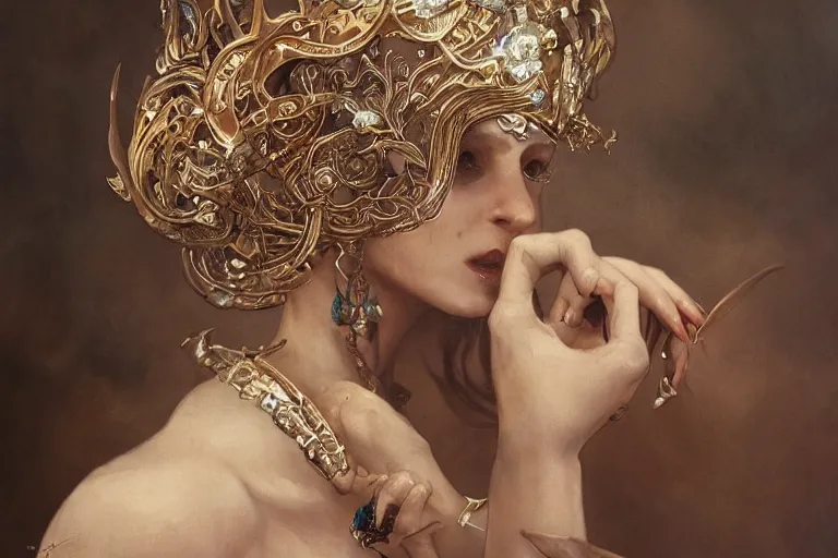 Image similar to a portrait of the bone queen, intricate, elegant, highly detailed, digital painting, crown of skulls, artstation, concept art, smooth, sharp focus, illustration, art by artgerm and greg rutkowski and alphonse mucha and william - adolphe bouguereau