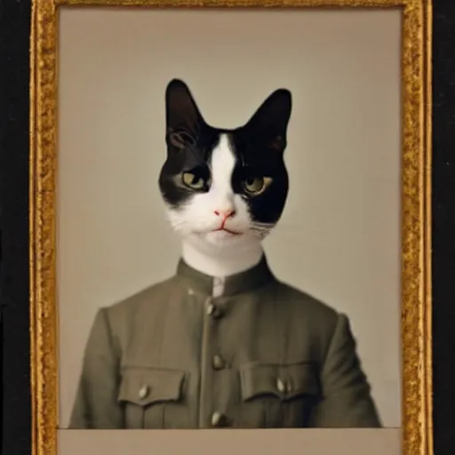 Prompt: cross - eyed tuxedo cat in first world war infantry uniform, portrait