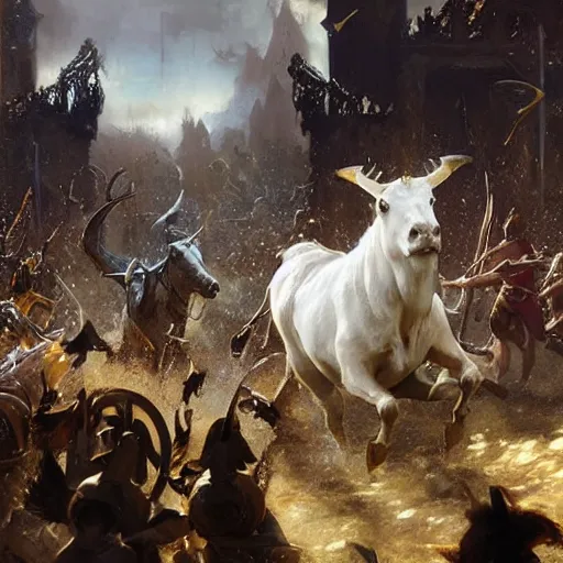 Prompt: a white aurochs with gold horns charging through a medieval faire, fantasy splash art by craig mullins, gaston bussiere, greg rutkowski