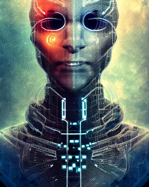 Prompt: a glitch art character portrait of cyborg wizard / hacker trending on artstation deviantart pinterest detailed realistic hd 8 k high resolution