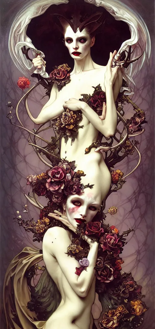 Image similar to baroque oil painting of full body vampire princess portrait, by nekro, peter mohrbacher, alphonse mucha, brian froud, yoshitaka amano, kim keever, victo ngai, james jean