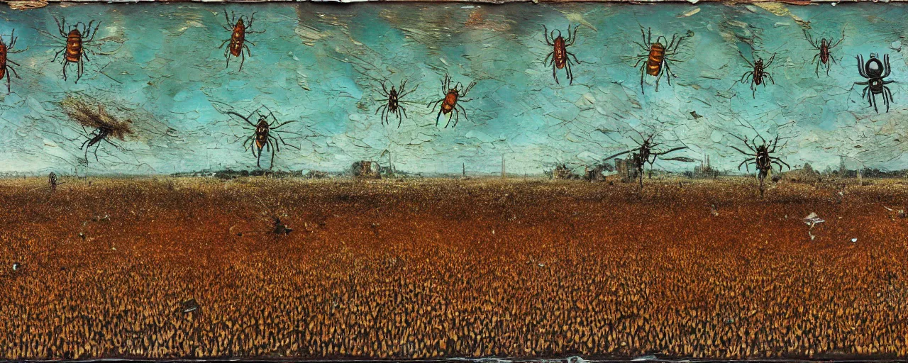 Image similar to strange giant insects, beetles and flies, swarming in a cornfield, oil painting by max ernst and anselm kiefer, decay, mixed media, textured, sharp focus, highly detailed, photographic emulsion cracked and peeling, rust, cinematic lighting, 8 k, hd