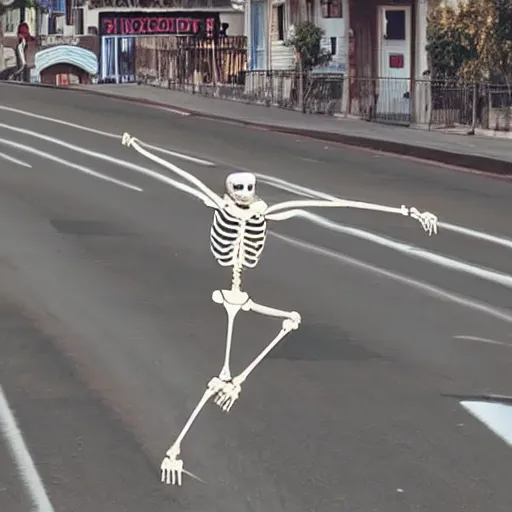 Image similar to youtube video thumbnail of skeleton dancing in the middle of the road