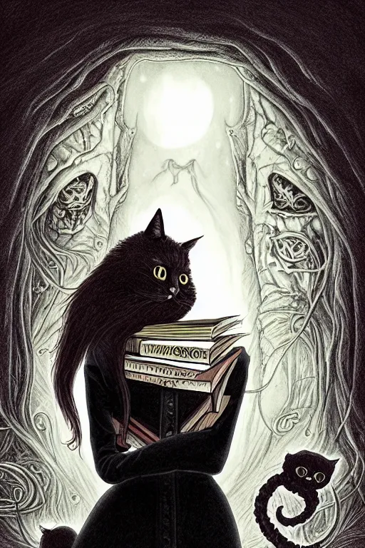 Image similar to stephen king illustration of romantic girl, her cat and her book of necronomicon, symmetrical, cinematic, sharp focus, 4 k, ultra hd, sense of awe, sinister demonic atmosphere, dreadful, forbidden knowledge, old gods, cthulhu, yog - sothoth! yah, yah, yah! cultist journal cover