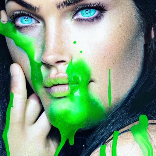 Prompt: megan fox closeup of face dripping green goo. hyperrealistic portrait, photo realistic, poster, artstation, volumetric lighting, digital art, very detailed face by magali villeneuve