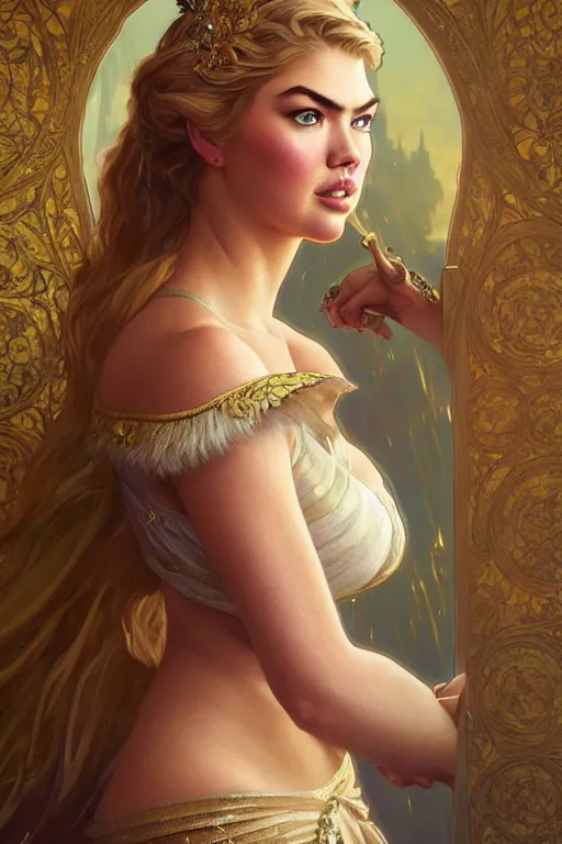 Image similar to kate upton as a princess, fantasy, intricate, elegant, highly detailed, digital painting, artstation, concept art, matte, sharp focus, illustration, art by artgerm and greg rutkowski and alphonse mucha