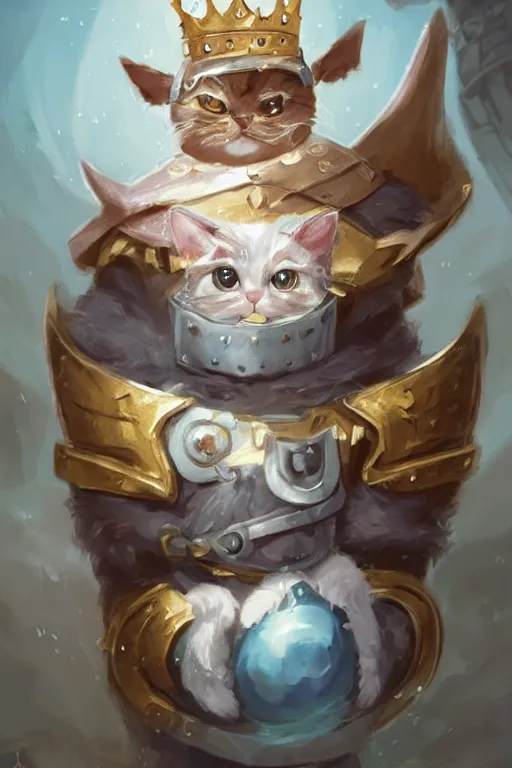 Image similar to cute little anthropomorphic cat knight wearing a cape and a crown, tiny, small, miniature cat , baby animal, short, pale blue armor, cute and adorable, pretty, beautiful, DnD character art portrait, matte fantasy painting, DeviantArt Artstation, by Jason Felix by Steve Argyle by Tyler Jacobson by Peter Mohrbacher, cinematic lighting