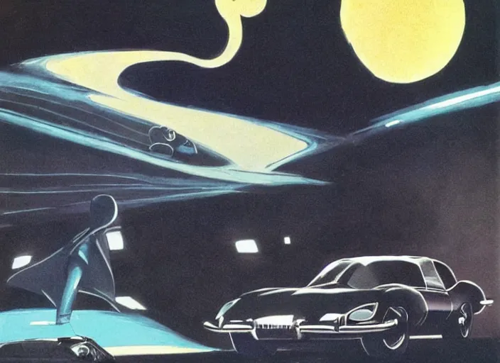 Prompt: kitt, knight rider, jaguar e - type. style danger diabolik, star wars, thx 1 1 3 8. painting by jack gaughan