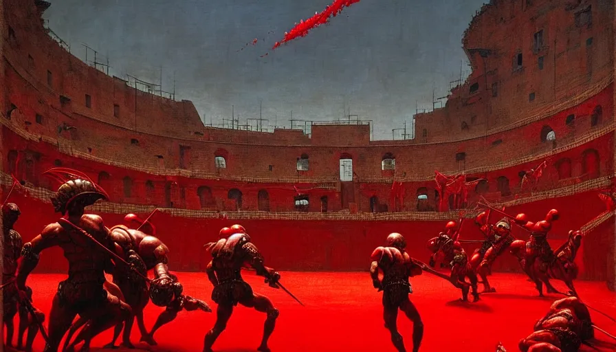 Image similar to only with red, a lightly armored gladiator in a crowded roman amphitheatre, crowd cheering, in the style of beksinski and edward hopper and rodcenko and yue minjun and cory loftis, intricate and epic composition, red by caravaggio, highly detailed, masterpiece, red light, artstation, art nouveau