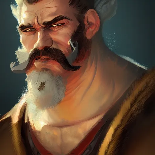 Image similar to portrait cool old barbarian warrior with trucker mustache and short hair, 8 k, trending on art station, by tooth wu and greg rutkowski