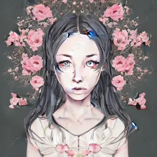 Prompt: renaissance, realistic, portrait of a creepy young lady pink cheeks wearing renaissance manga dress pale grey and white flowers skulls, background chaotic flowers