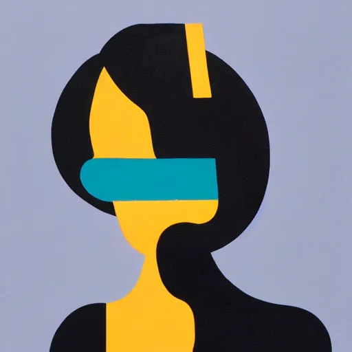 Prompt: portrait of a person on the phone, abstract painting in the style of Sophie Taeuber-Arp and Gary Hume and Tatsuro Kiuchi, flat colour-block style, geometric abstraction, dark colours