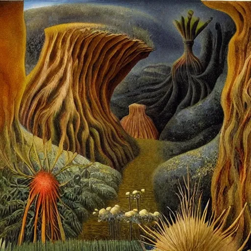 Image similar to painting of a lush natural scene on an alien planet by remedios varo. beautiful landscape. weird vegetation. cliffs and water.