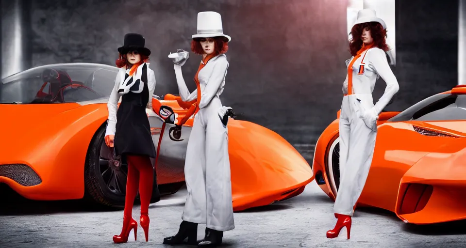 Prompt: closeup shot of a clockwork orange female droog gang designed artgerm and a red pininfarina sportscar in the background hdr, 8 k, hyperrealistic, volumetric lighting