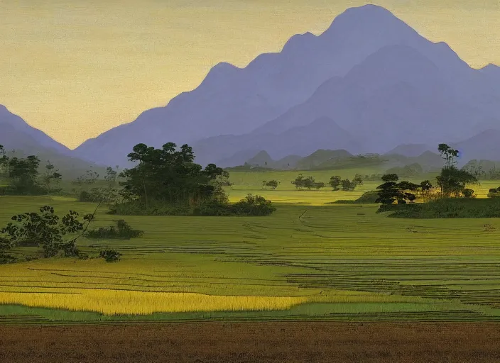 Image similar to painting of a rice paddy with two big mountains in the background, a wide asphalt road divides paddy field in the middle composition, big yellow sun rising between 2 mountains, old master masterpiece