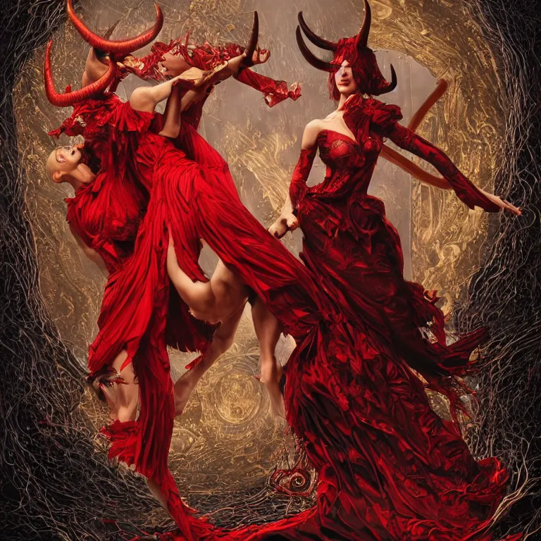 Image similar to black man and a woman-devil in red dress with horns are dancing together, in Dark souls and elden ring style, insanely detailed and intricate, golden ratio, hypermaximalist, elegant, ornate, luxury, elite, ominous, haunting, matte painting, cinematic, cgsociety, James jean, Brian froud, ross tran, Laputa