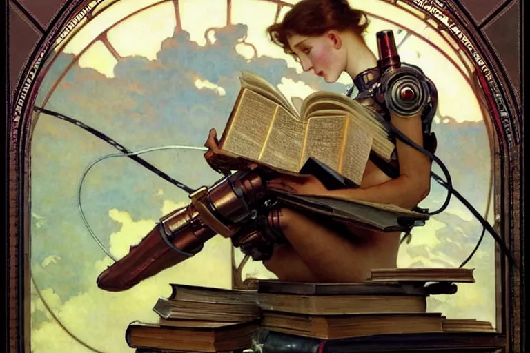 Prompt: !dream a cyborg reading from an old book with a leather cover, art by John Collier and Albert Aublet and Krenz Cushart and Artem Demura and Alphonse Mucha