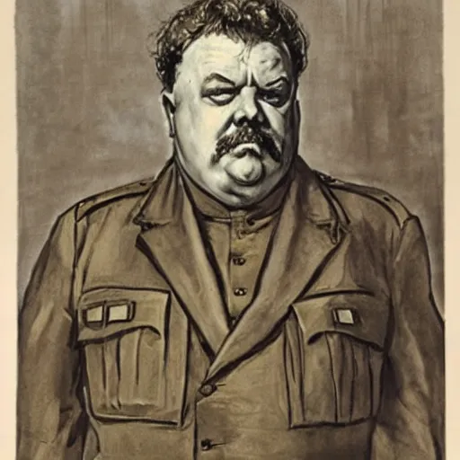 Image similar to gk chesterton as a buff mercenary in military gear. portrait by james gurney.