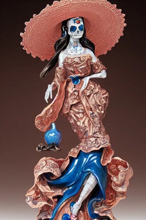 Image similar to an polished texturized sculpture of La Catrina in rose gold and white and blue chinese porcelain by kris kuksi