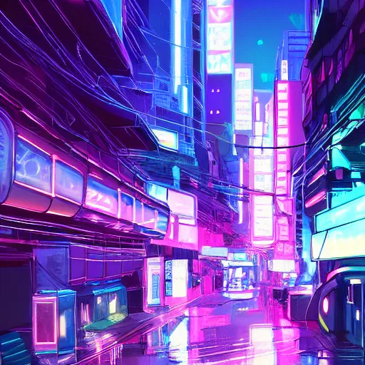 Prompt: Neon lights glisten off the streets, we dream of Neo-Tokyo tonight, digital art, trending on Artstation