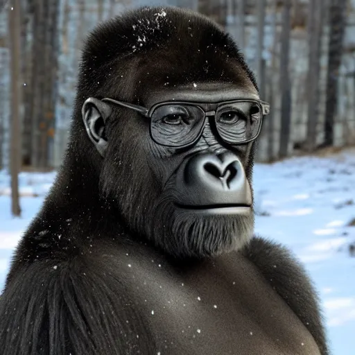 Image similar to A photo of Walter White in New Hampshire wearing a gorilla suit in the snow, cinematic lighting